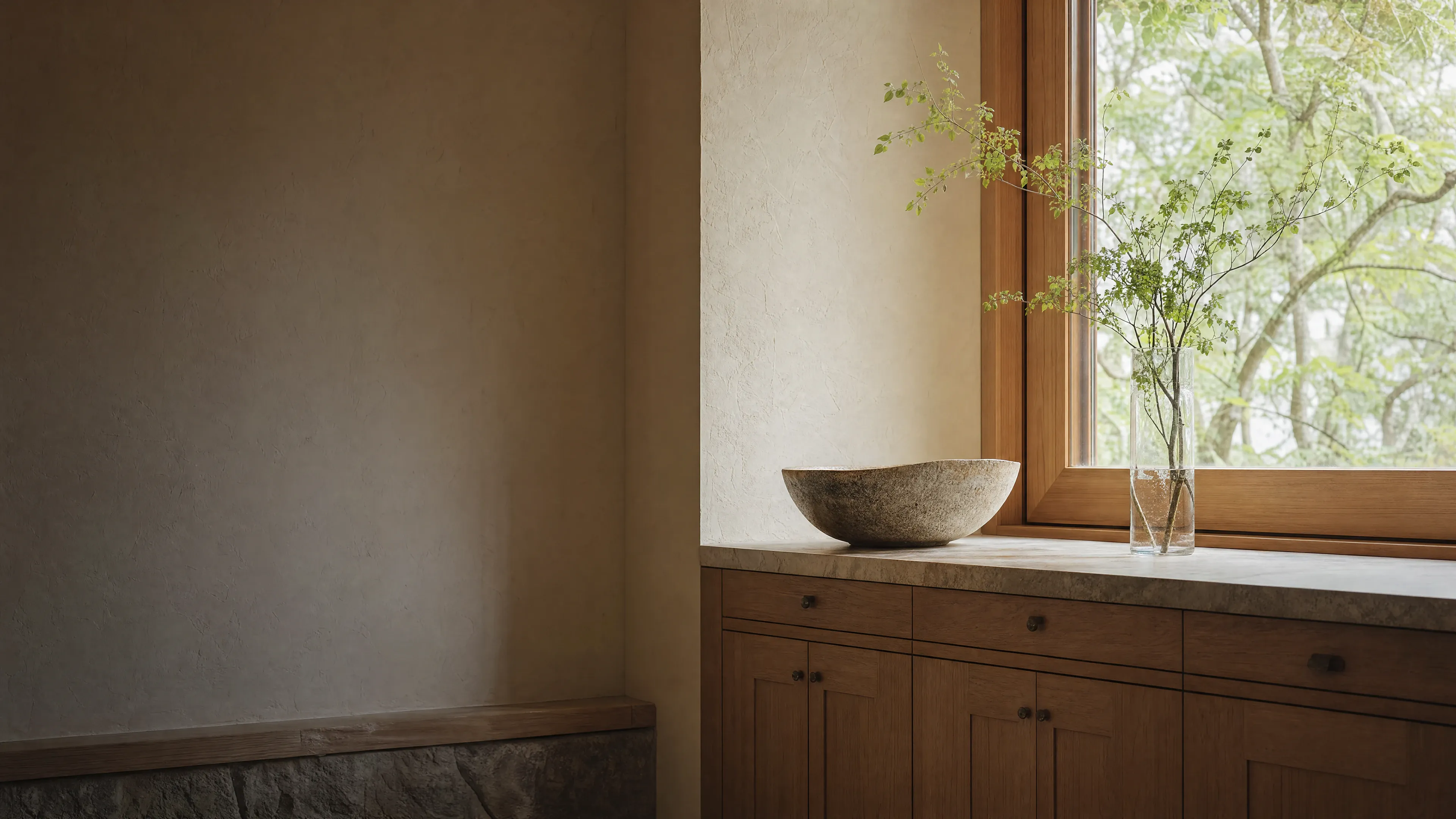 A calm corner of a finished interior with oak furniture.