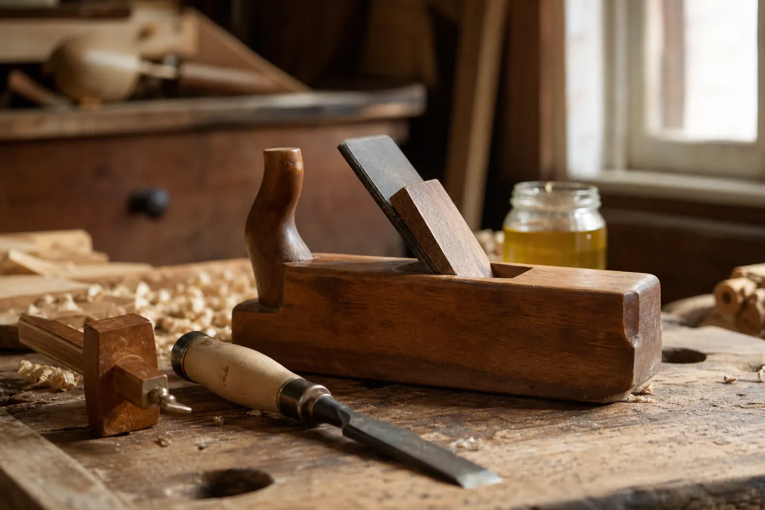 Hand tools and shavings on the workbench.