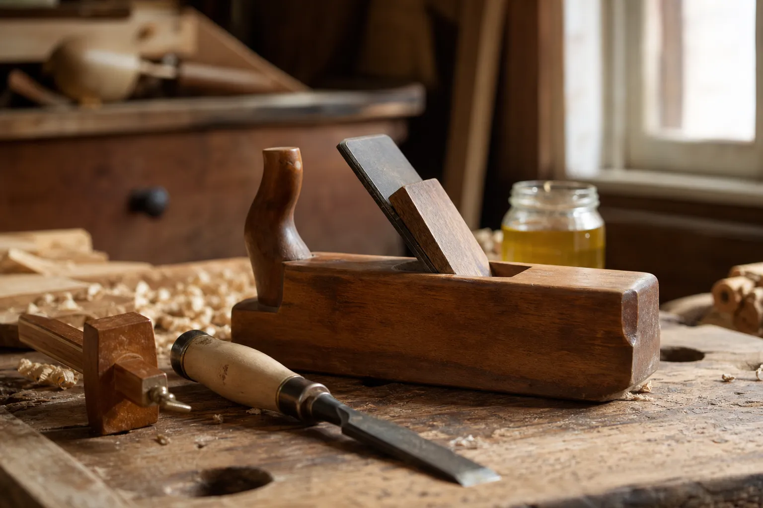 Placeholder for photograph of hand tools and shavings on the bench.