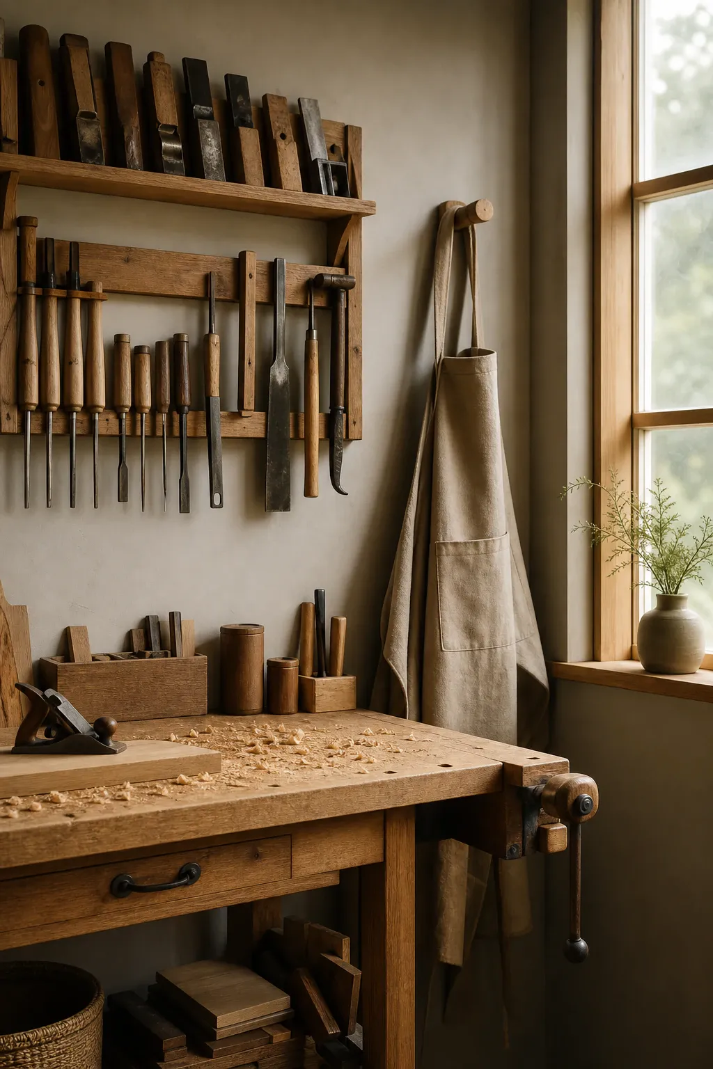 A quiet corner of the shop with tools hung on the wall.
