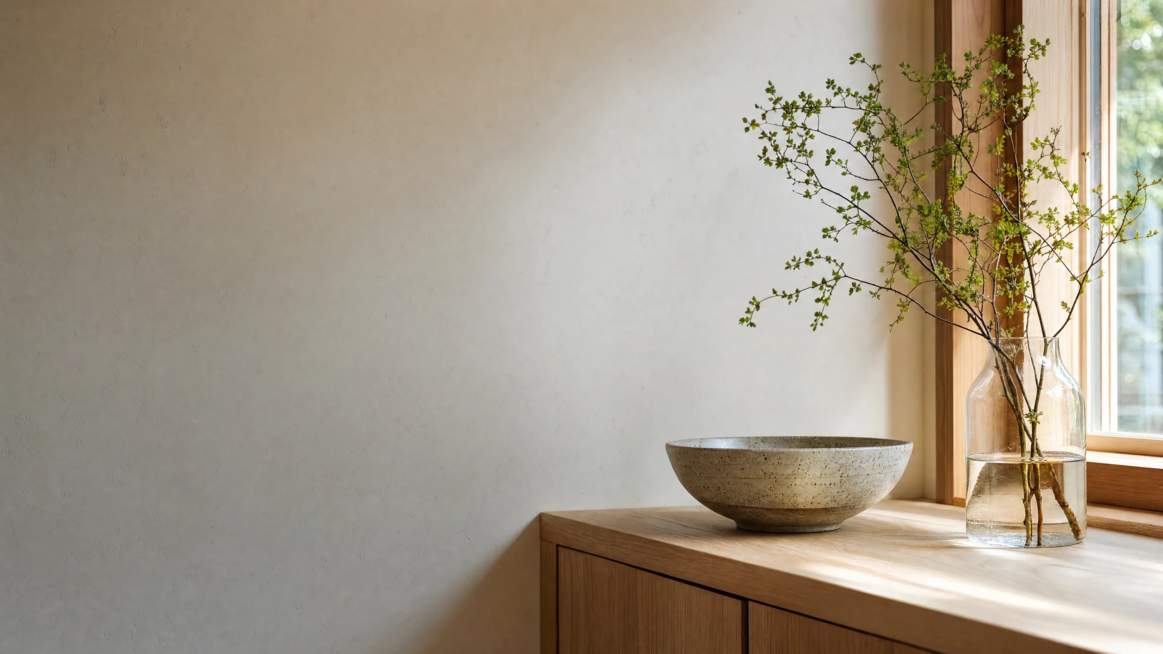 Calm still life by a window with copy-safe negative space.