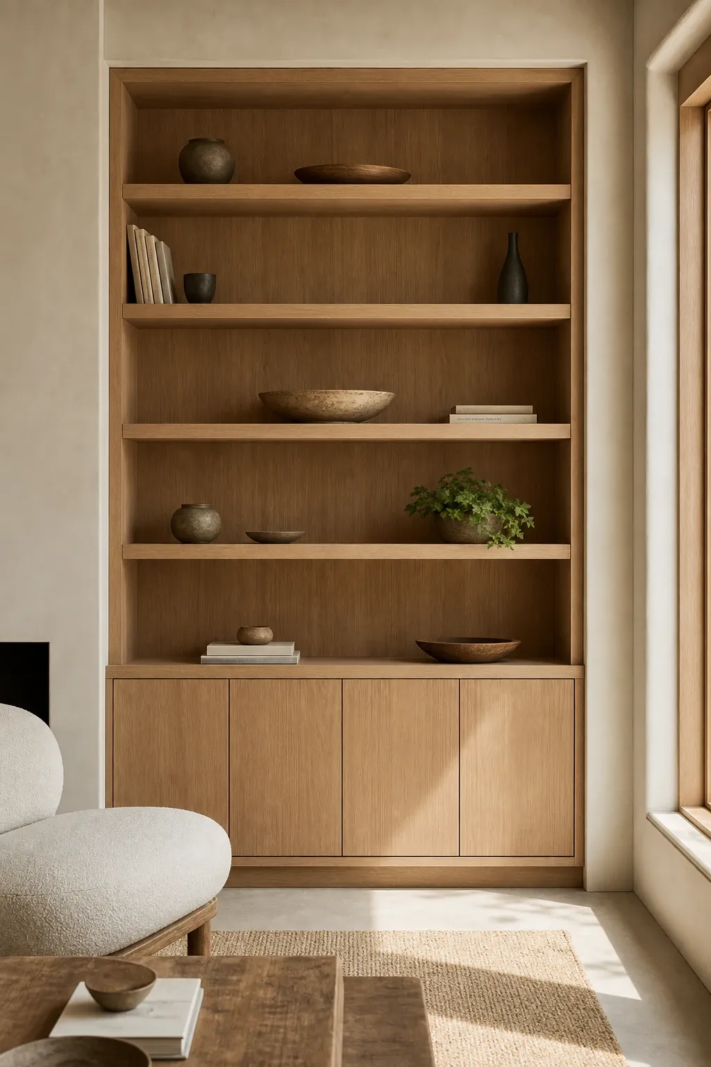Built-in oak shelving with ceramics and books in a calm interior.