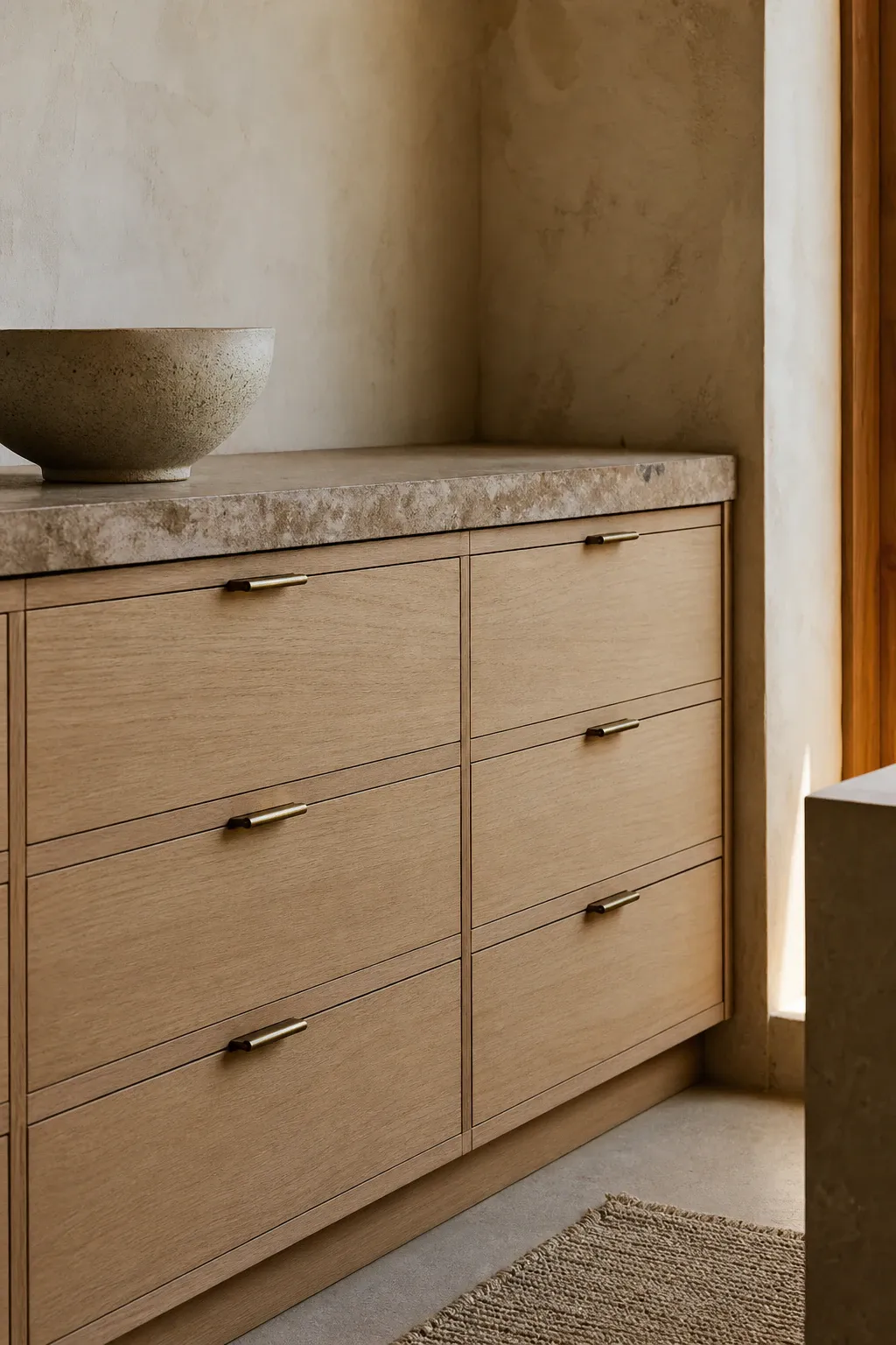 White oak cabinet drawers beneath a warm stone countertop.