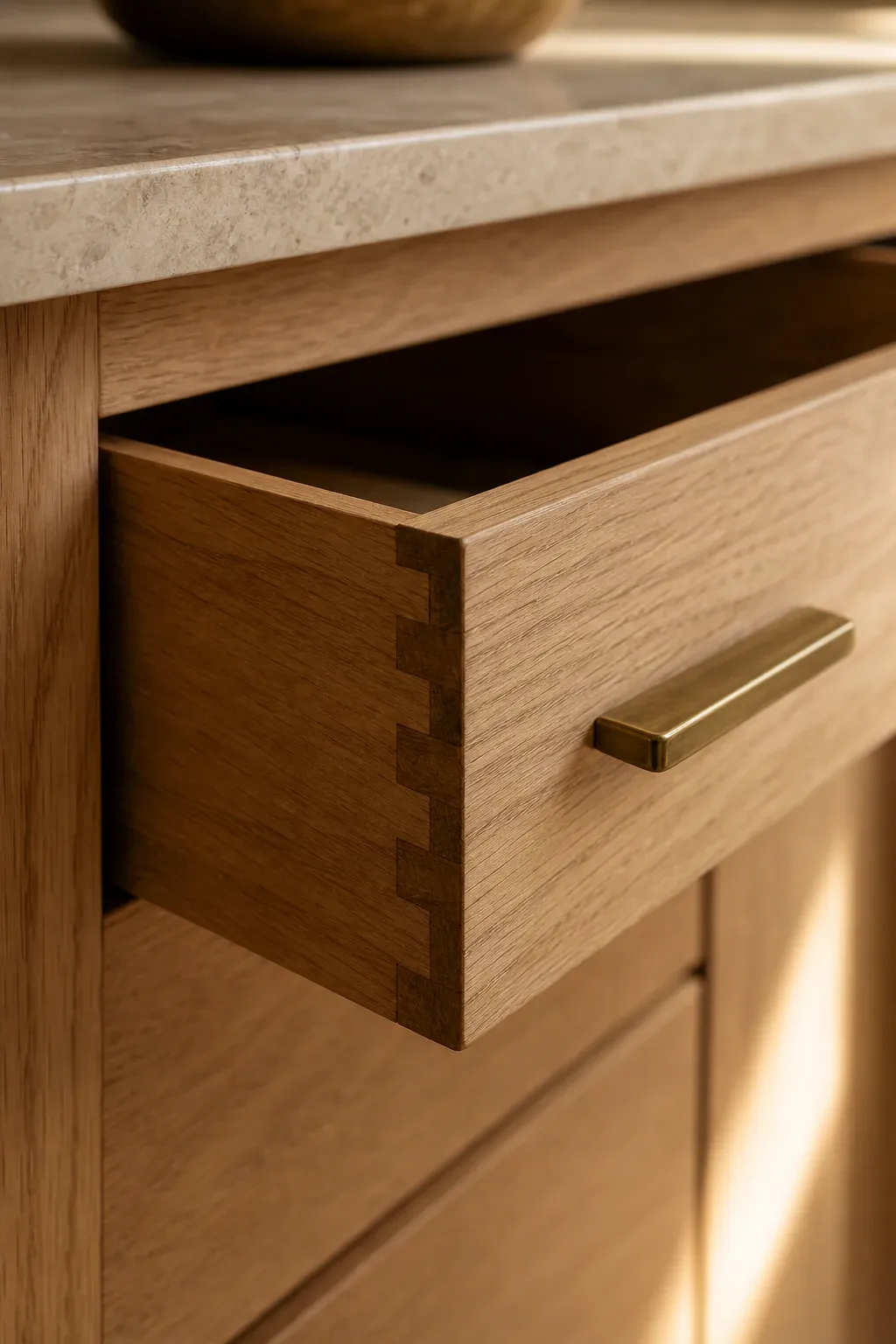 Dovetailed oak drawer with a slim brass pull, partially open.
