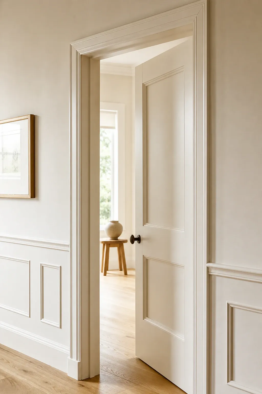 Painted wall paneling and door casing details in soft daylight.