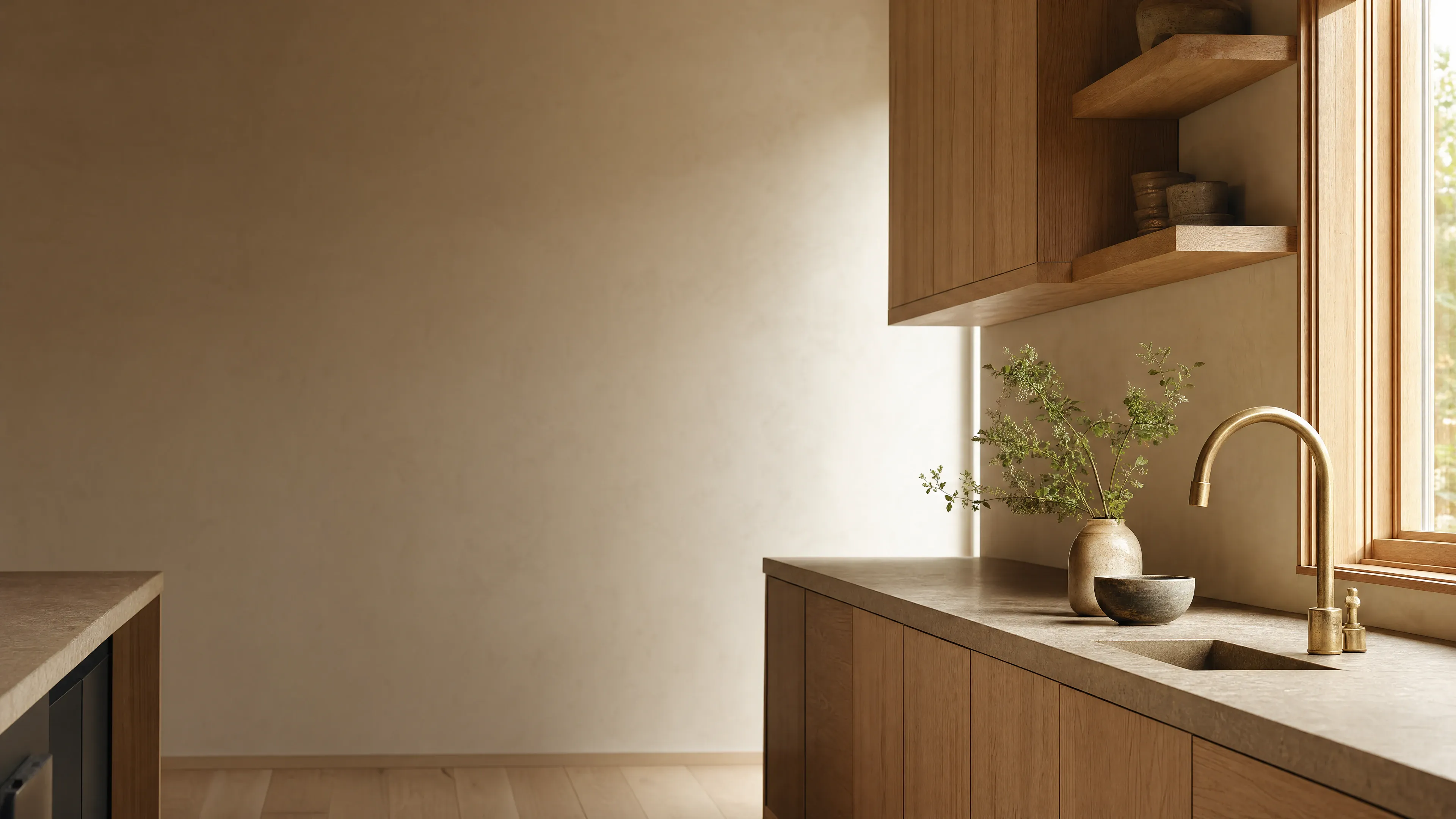 Custom white oak cabinetry with an aged brass faucet in warm window light.