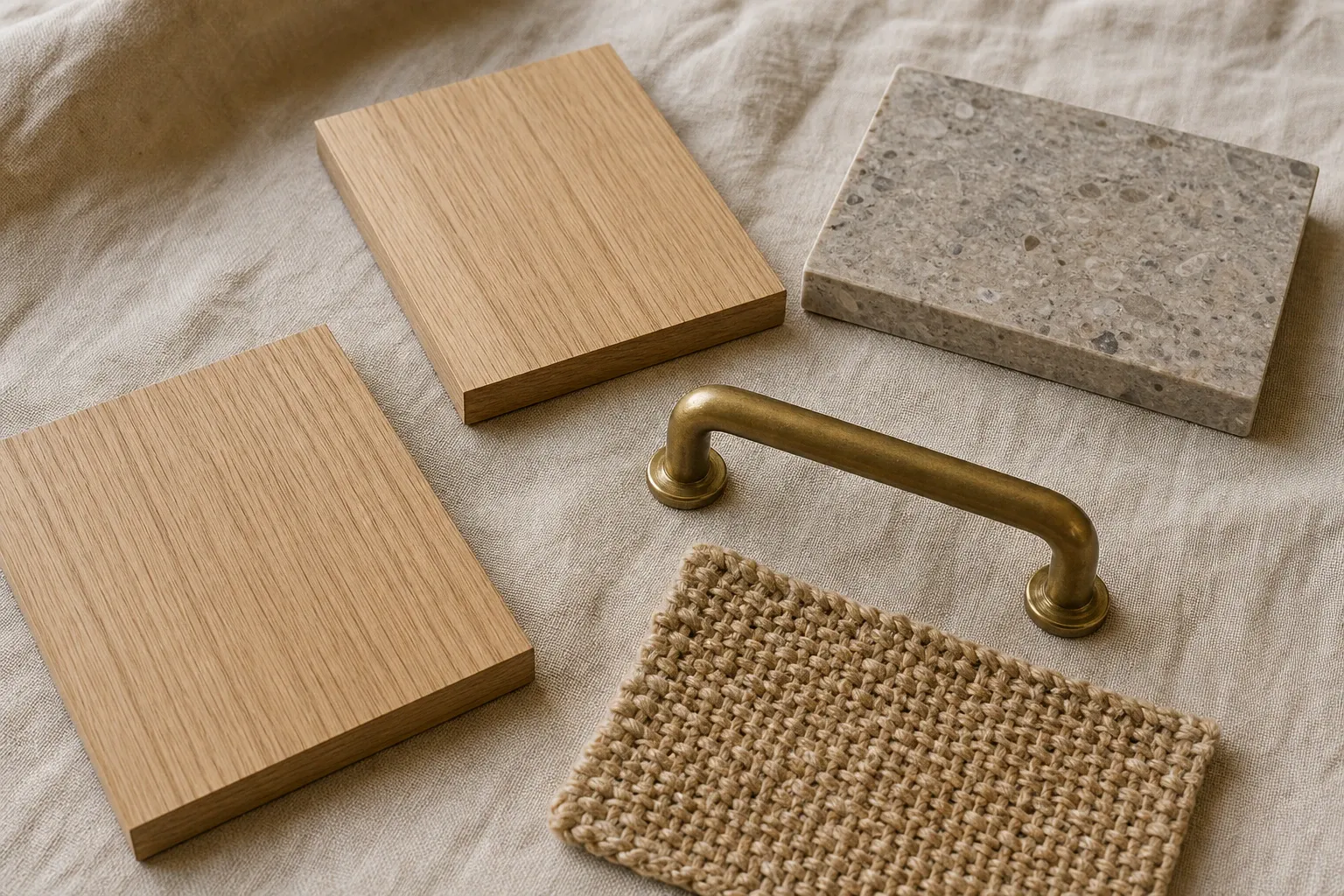 Still life of oak, stone, brass, and linen material samples.