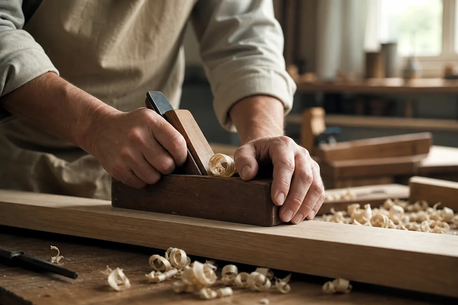 Hands guiding a hand plane across white oak at the workbench.