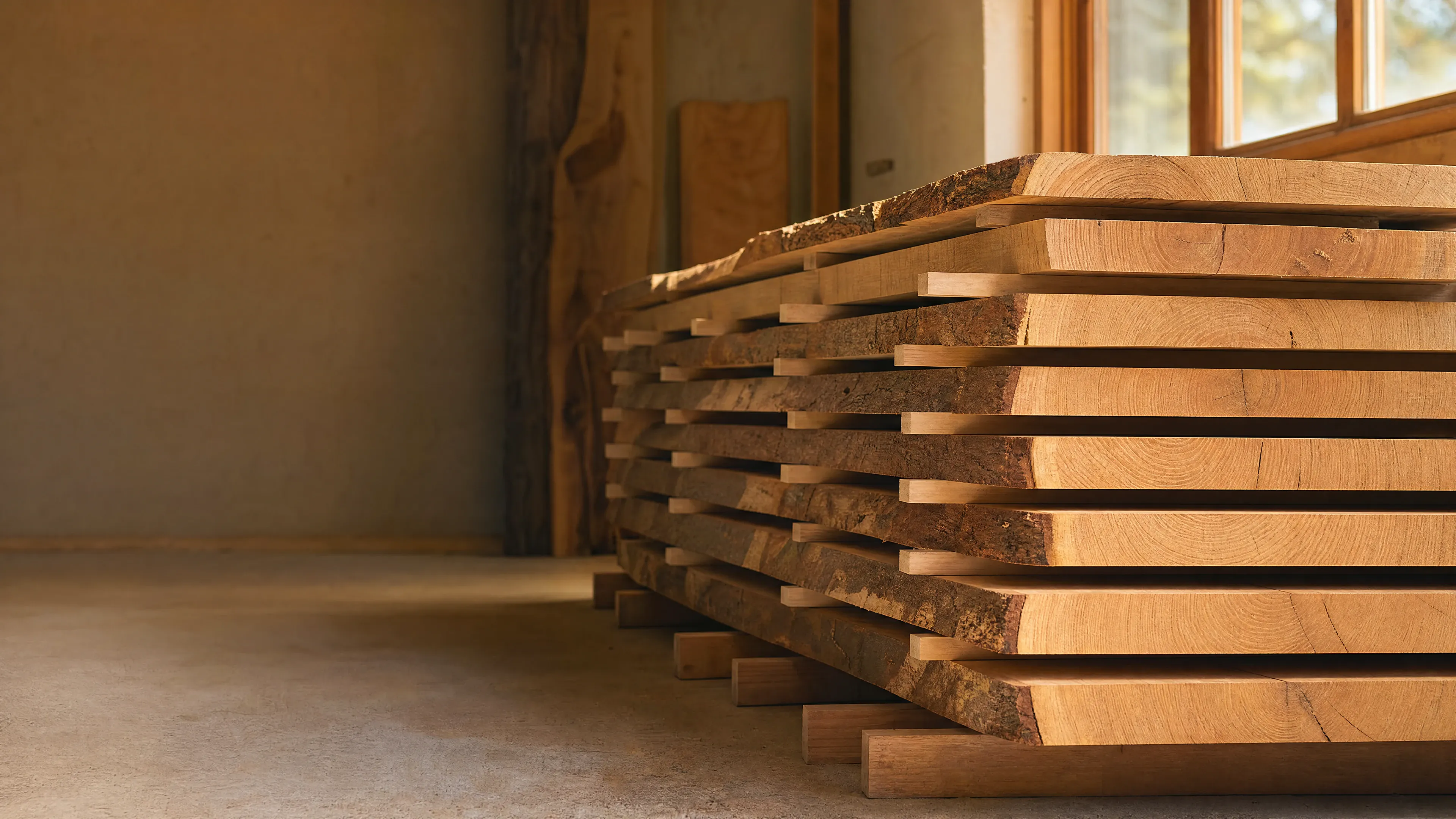 Rough-sawn lumber stacked in shop light.