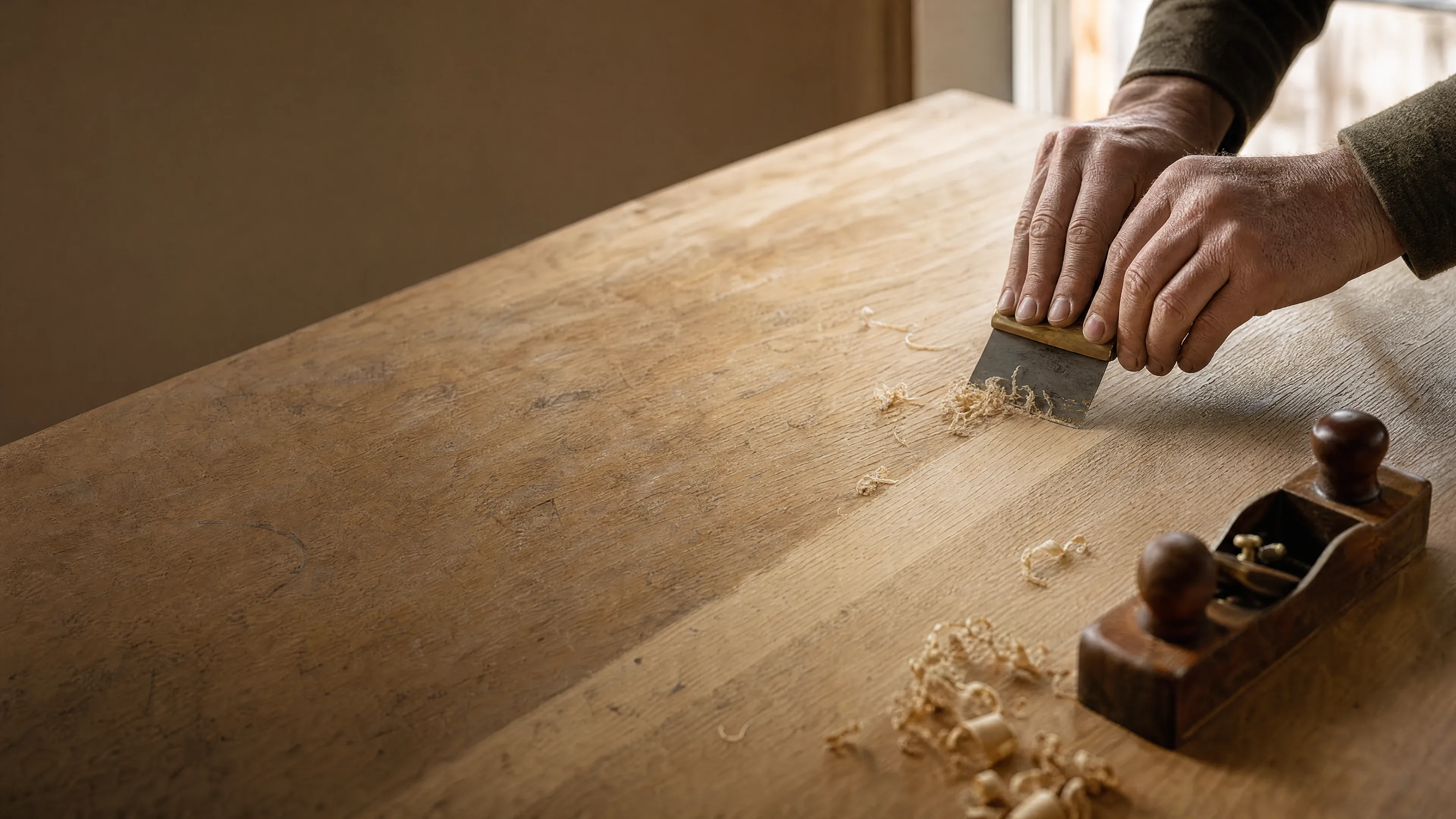 A wood surface being refreshed by hand.