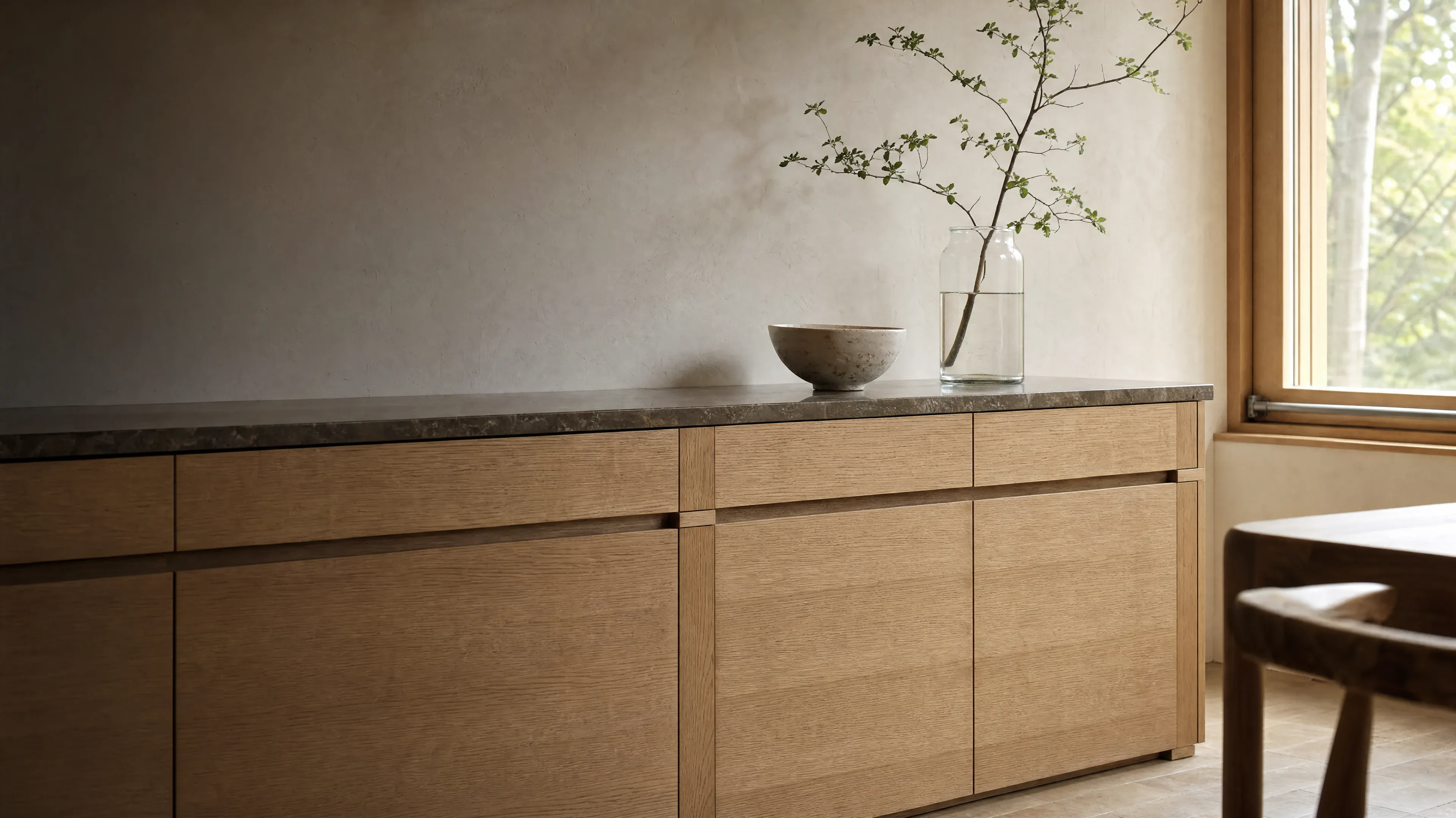 Finished millwork meeting a calm room in warm light.