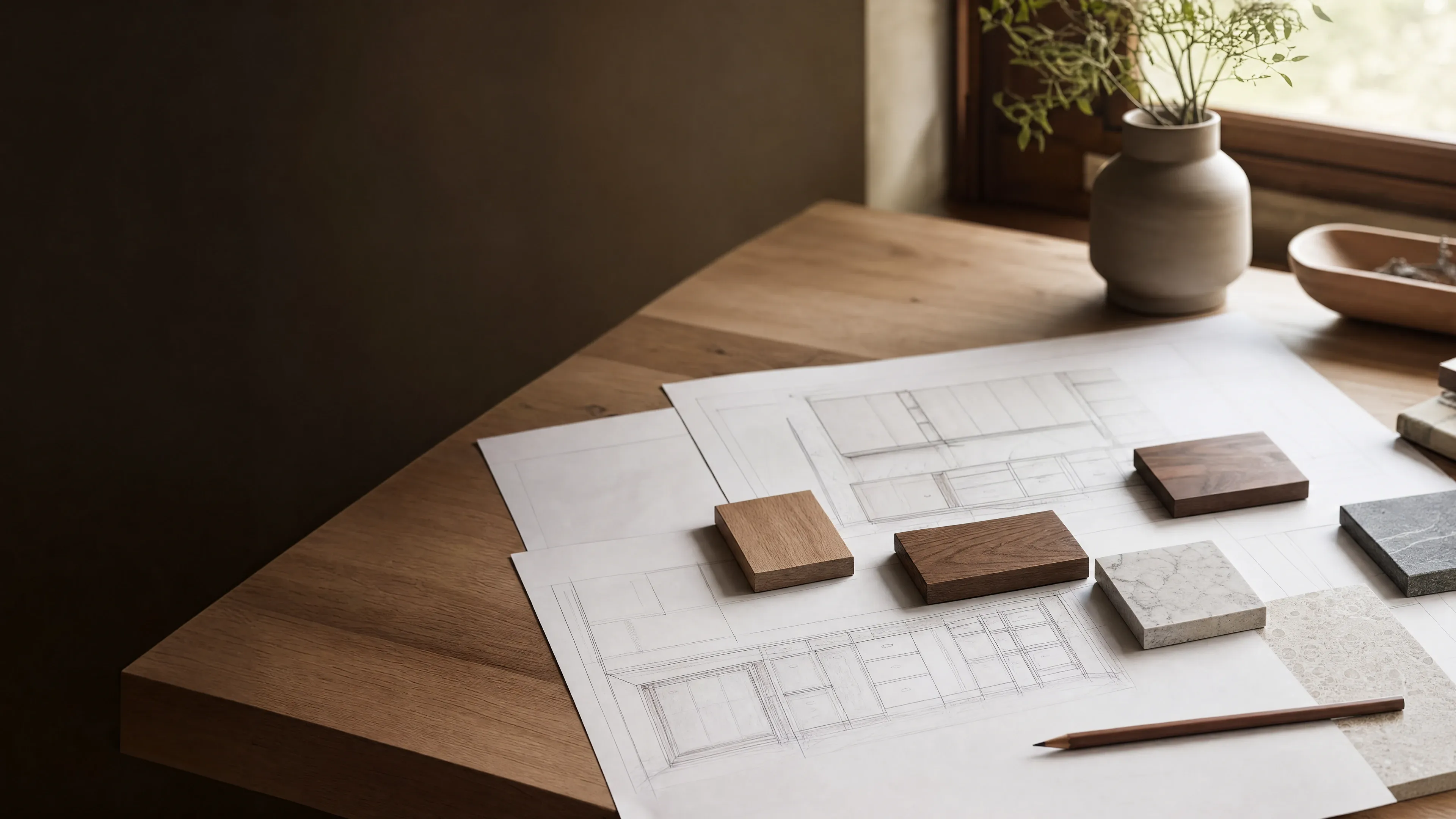 Drawings and wood samples arranged on a worktable.