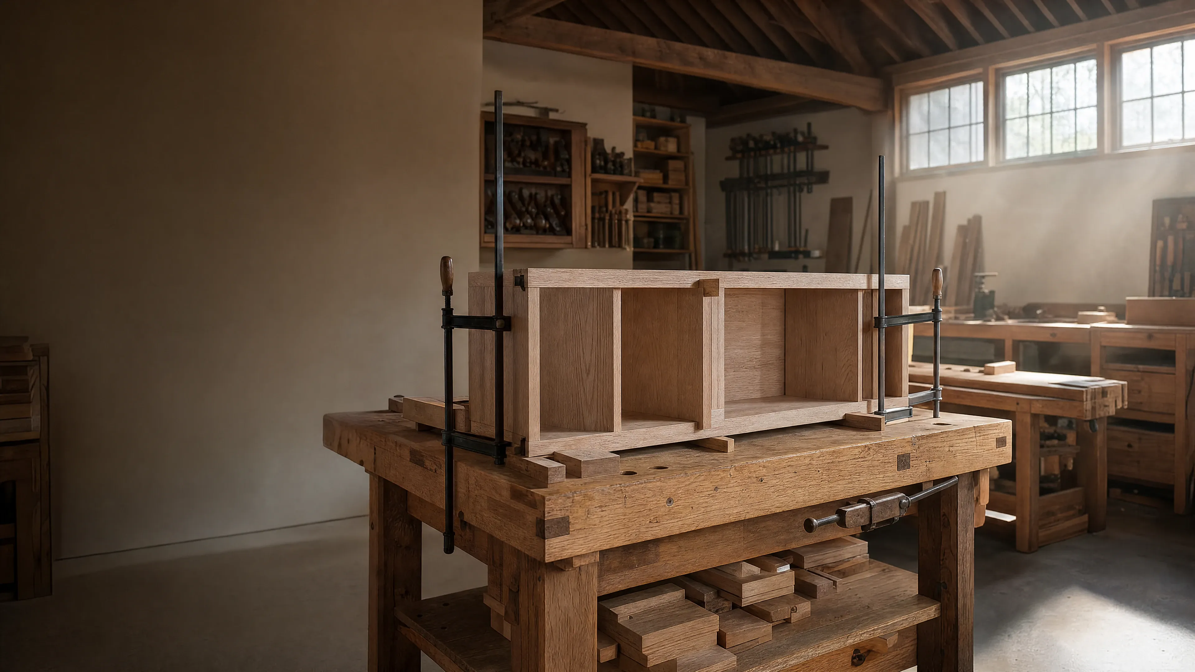 A cabinet carcass clamped on the bench in a tidy shop.