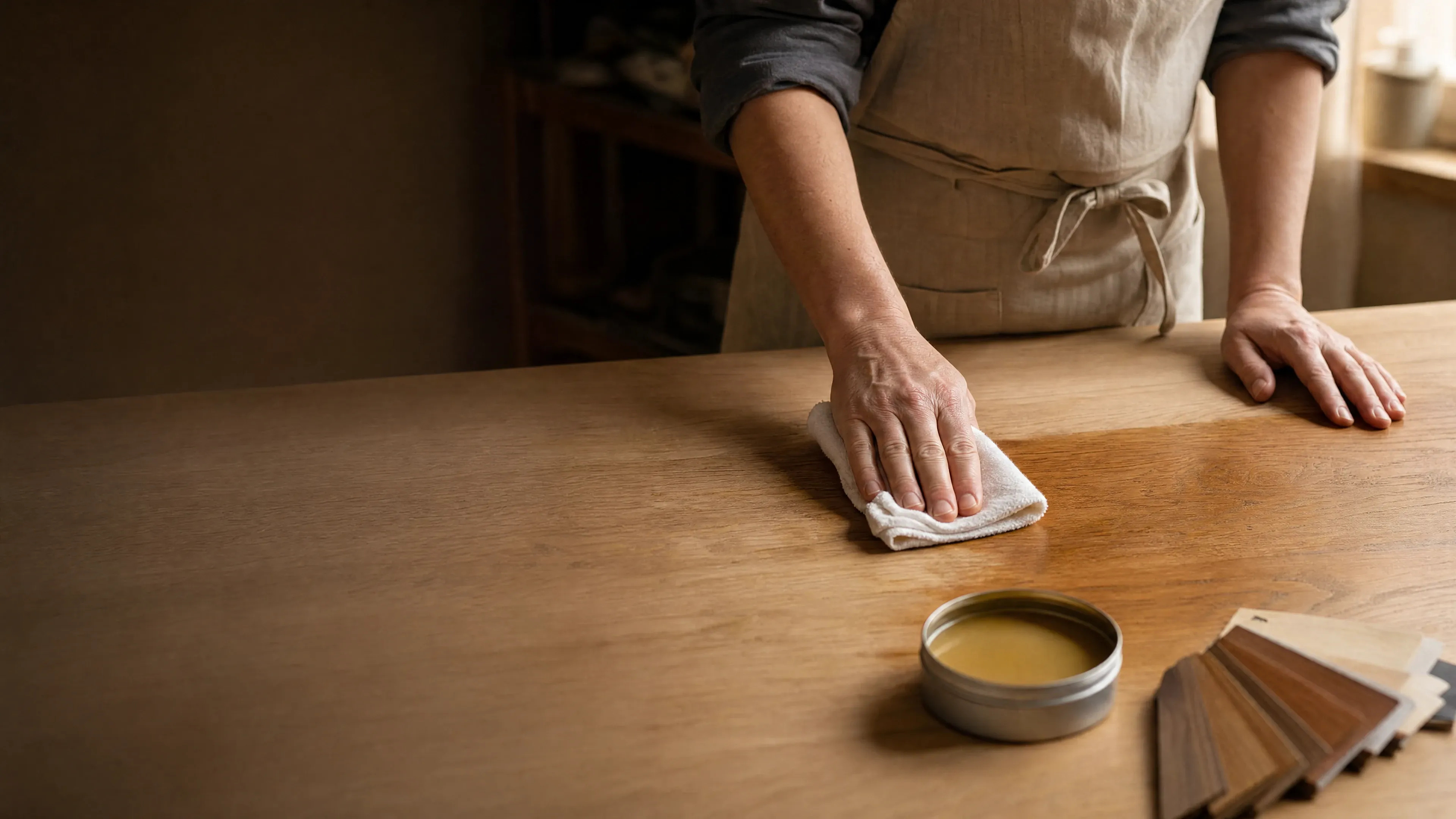 A hand applying oil finish to white oak with a cloth.